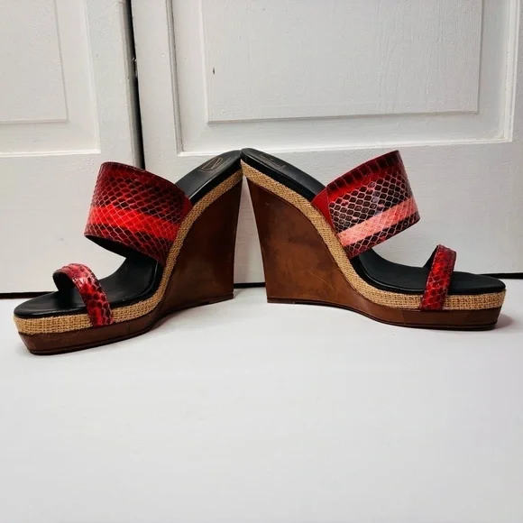 DIANE VON FURSTENBERG Wood Wedge Platform Sandals Size 8 - Picture 6 of 12